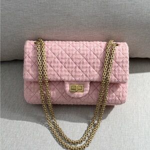 CHANEL Pink Quilted Tweed 2.55 Bag GHW 225 size